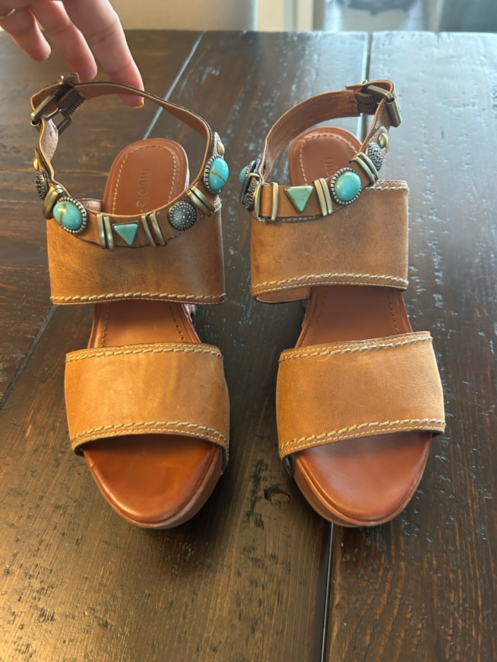 Nicole Tan Leather Beaded Ankle-Strap Sandals with Turquoise Accents